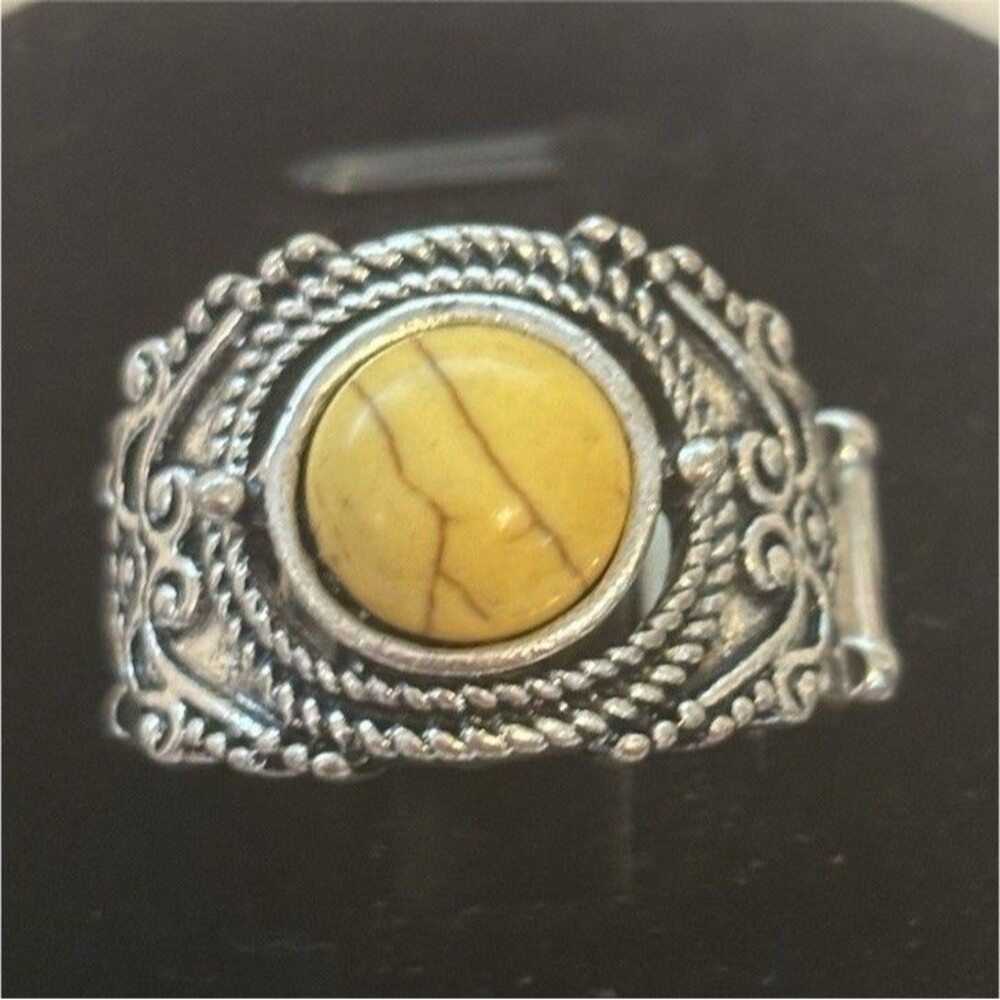Silver Tone Stretch Band Cocktail Ring Adjustable Round Yellow Stone Bezel Set